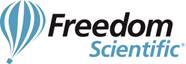 Freedom Scientific Logo - links steht ein hellblauer Luftbaloon mit vertikalen weißen Streifen