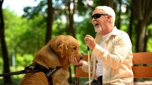 Blinder Mann mit Hund lachend auf einer Parkbank