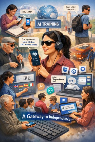 Bild von verschiedenen Situationen wo KI Menschen mit Sehbehinderung unterst&uuml;tzt