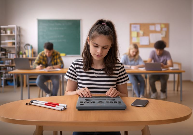 Ein Kind verwendet den BrailleNote evolve in der Schule